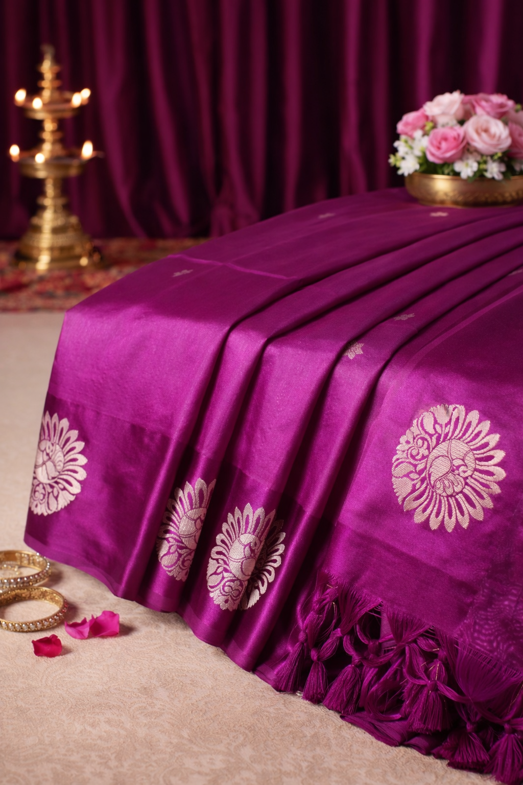 "UTSAV BANARAS 229" Banarasi Magenta Raw Silk Saree With Silver Zari Peacock &amp; Tree Motifs