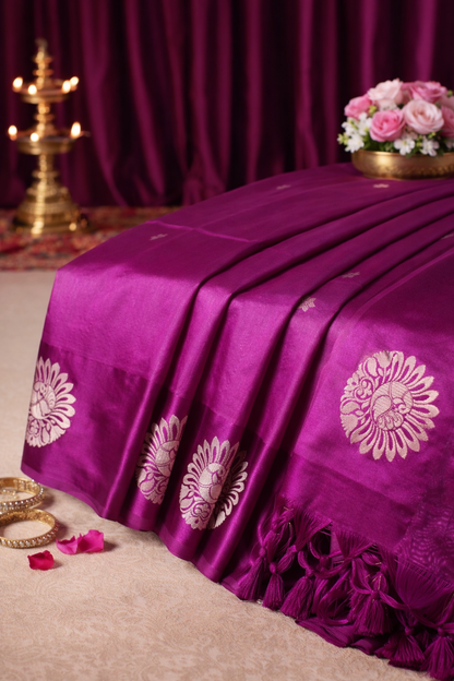 "UTSAV BANARAS 229" Banarasi Magenta Raw Silk Saree With Silver Zari Peacock &amp; Tree Motifs