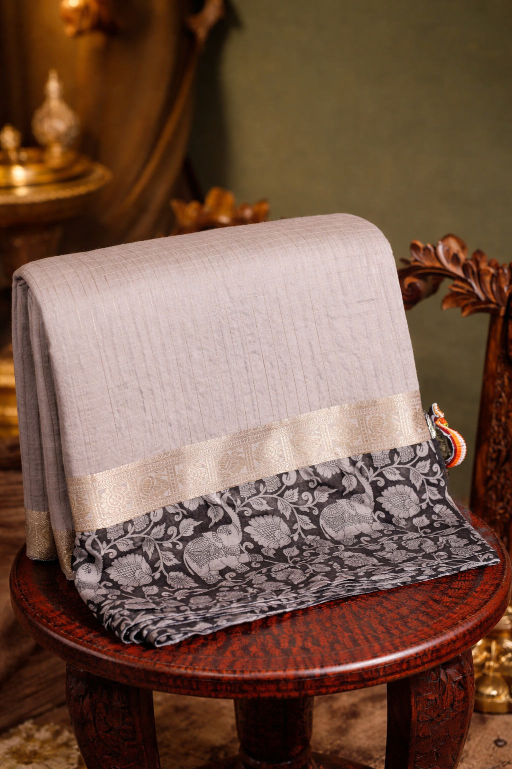 Utsav Banaras 316 Silver Grey Raw Silk Saree with Zari Checks &amp; Floral Border