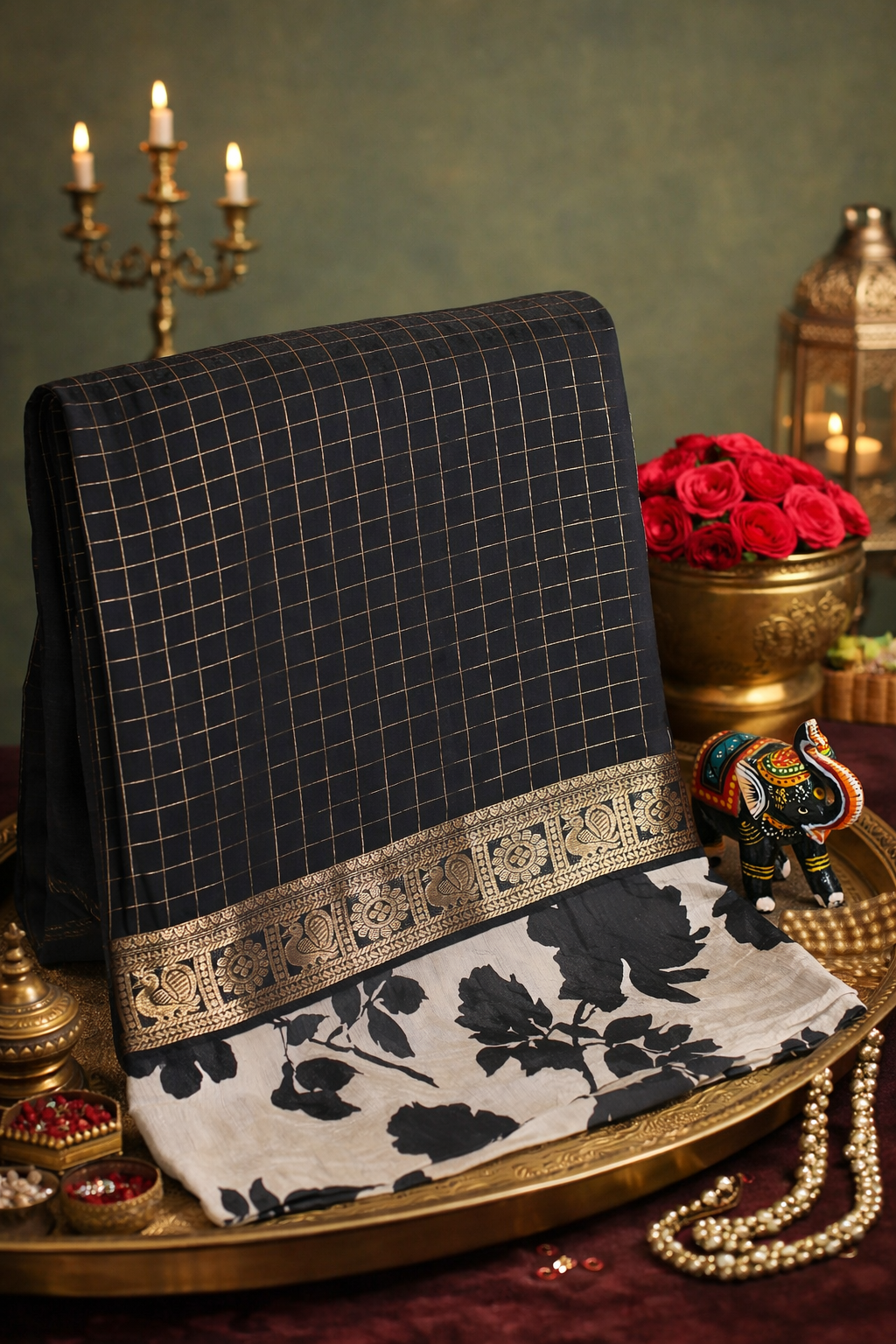 Utsav Banaras 317 Black Raw Silk Saree with Zari Checks &amp; Floral Border