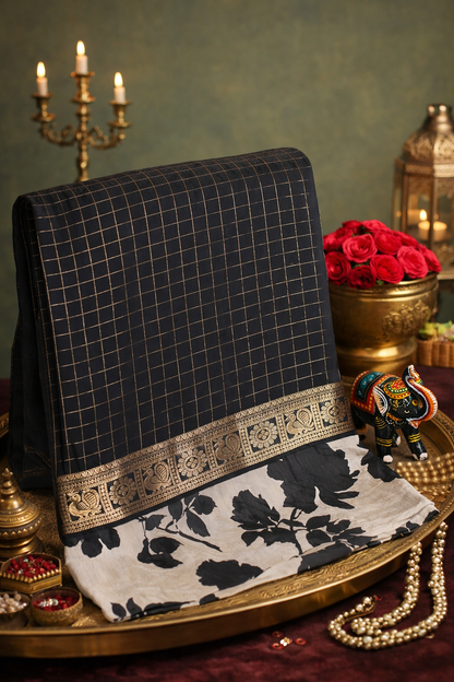 Utsav Banaras 317 Black Raw Silk Saree with Zari Checks &amp; Floral Border