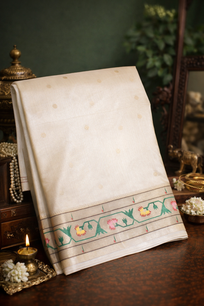 Utsav Banaras 323 Pearl White Raw Silk Saree with Zari Meenakari Palla &amp; Border
