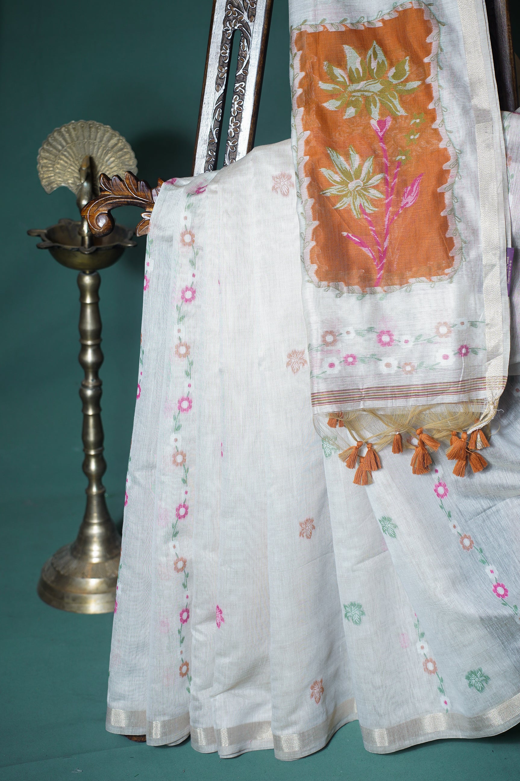 "UTSAV BANARAS 299" Banarasi Cream Chanderi Jamdani Silk Saree with Multi-Color Floral Pallu
