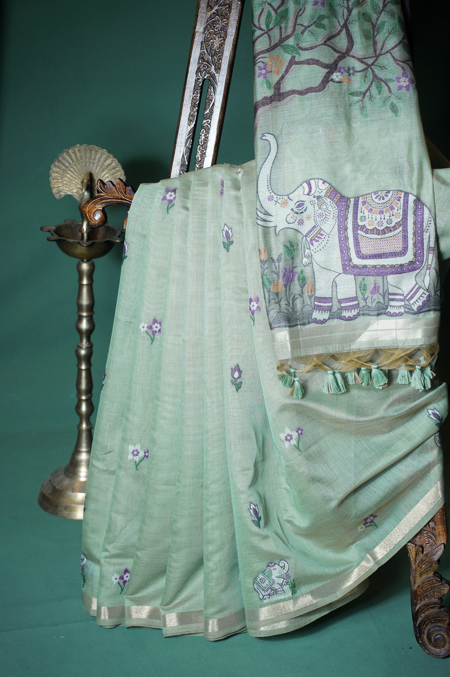 "UTSAV BANARAS 300" Banarasi Pista Chanderi Jamdani Silk Saree with Elephant Narrative Pallu
