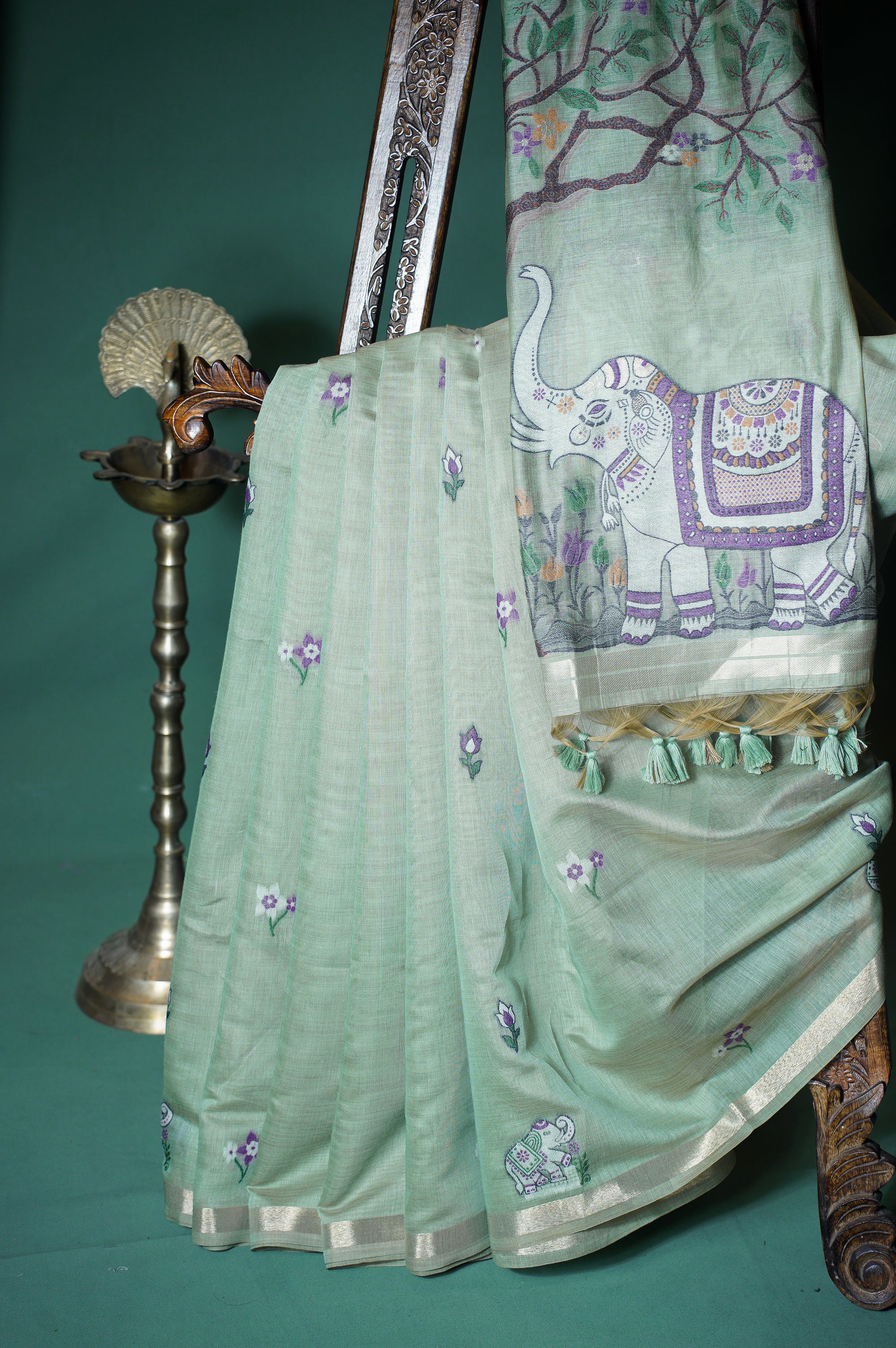"UTSAV BANARAS 300" Banarasi Pista Chanderi Jamdani Silk Saree with Elephant Narrative Pallu