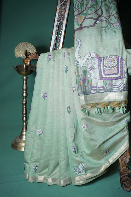 "UTSAV BANARAS 300" Banarasi Pista Chanderi Jamdani Silk Saree with Elephant Narrative Pallu