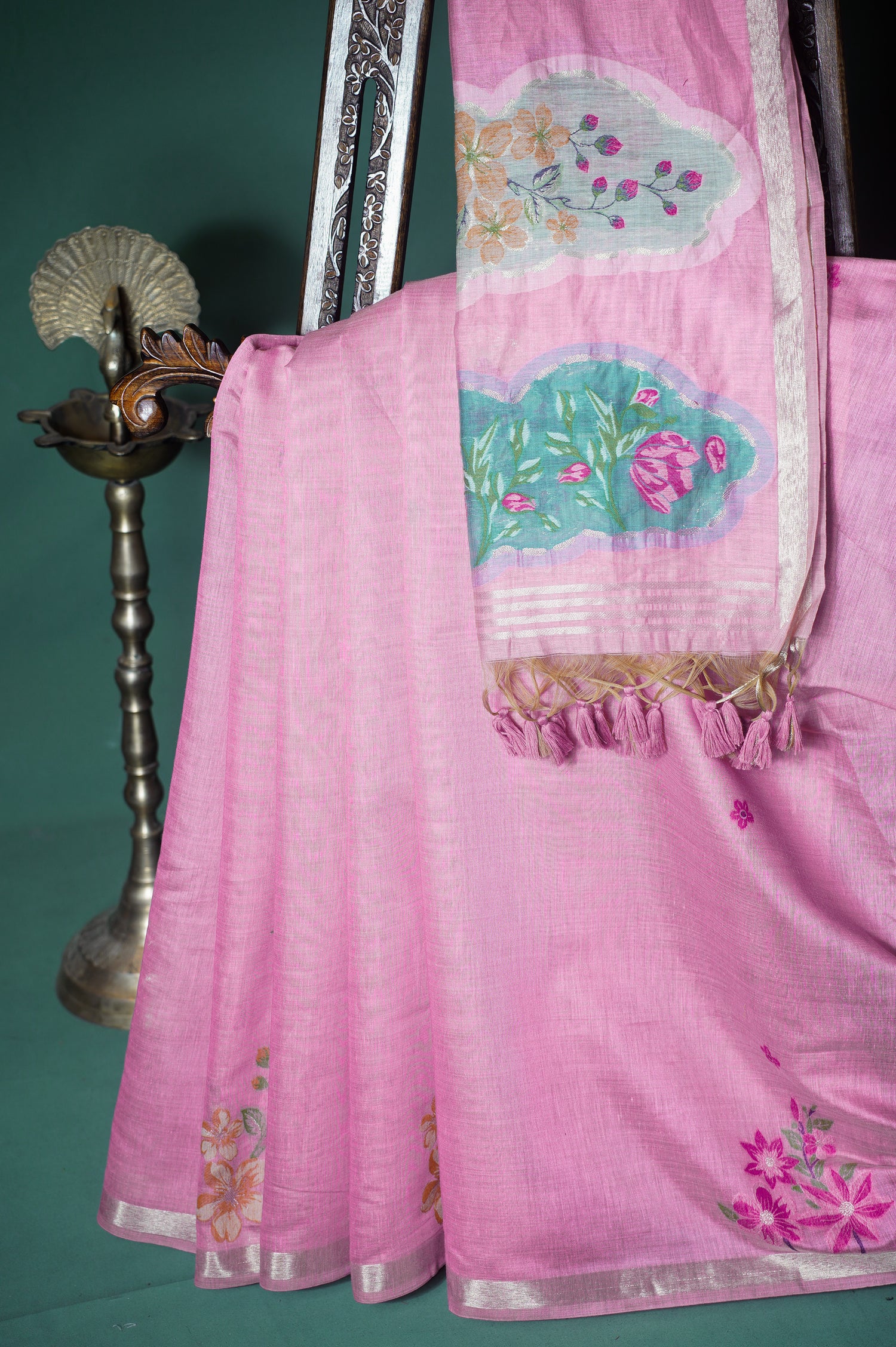 "UTSAV BANARAS 301" Banarasi Baby Pink Chanderi Jamdani Silk Saree with Floral Scallop Pallu