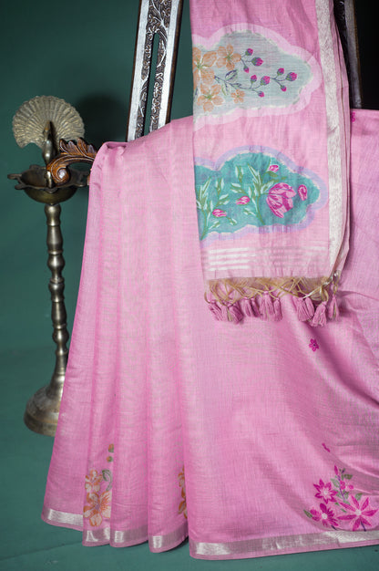 "UTSAV BANARAS 301" Banarasi Baby Pink Chanderi Jamdani Silk Saree with Floral Scallop Pallu