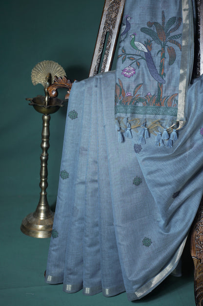 "UTSAV BANARAS 303" Banarasi Grey Chanderi Jamdani Silk Saree with Peacock Narrative Pallu