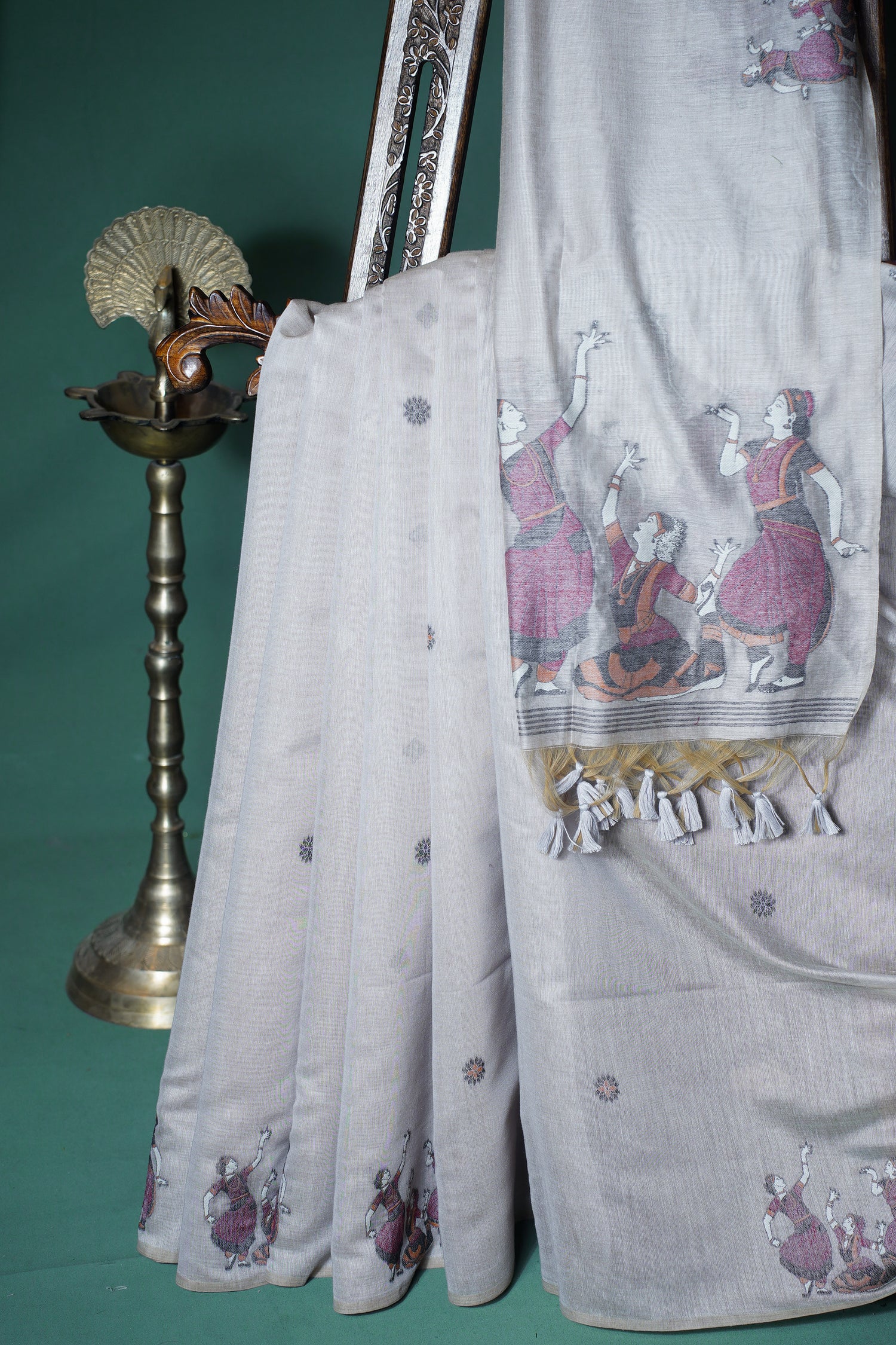 "UTSAV BANARAS 304" Banarasi Sorrel Brown Chanderi Jamdani Silk Saree with Classical Dance Motifs