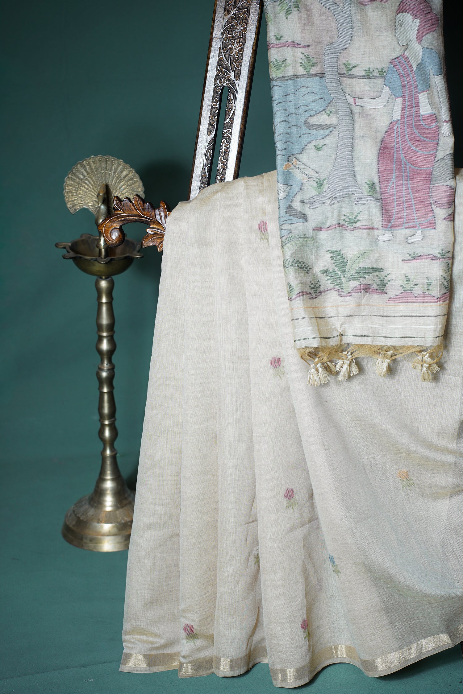 "UTSAV BANARAS 306" Banarasi Chikoo Beige Chanderi Jamdani Silk Saree with Village Narrative Pallu
