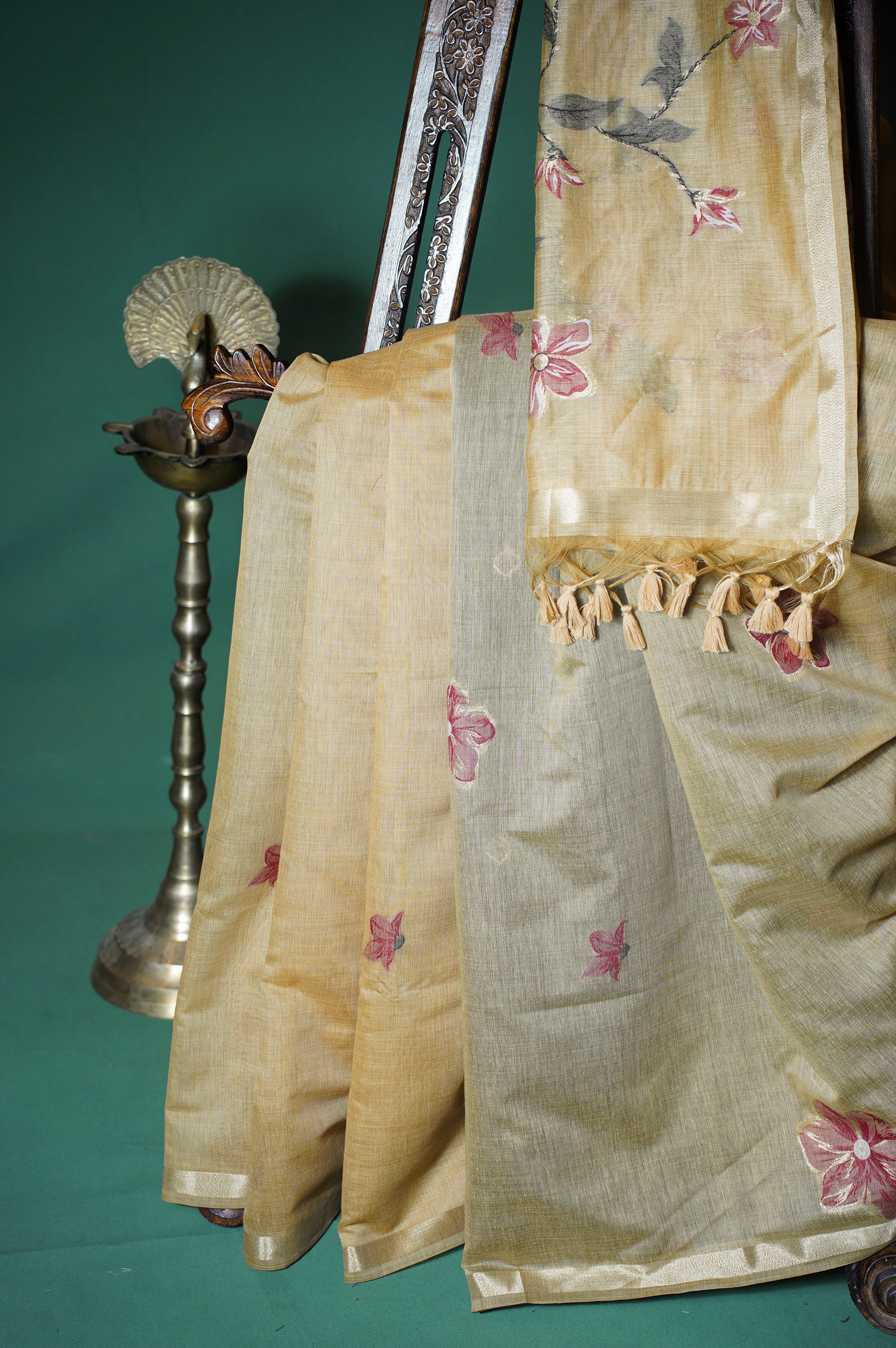 "UTSAV BANARAS 307" Banarasi Mustard Yellow Chanderi Jamdani Silk Saree with Floral Vine Pallu