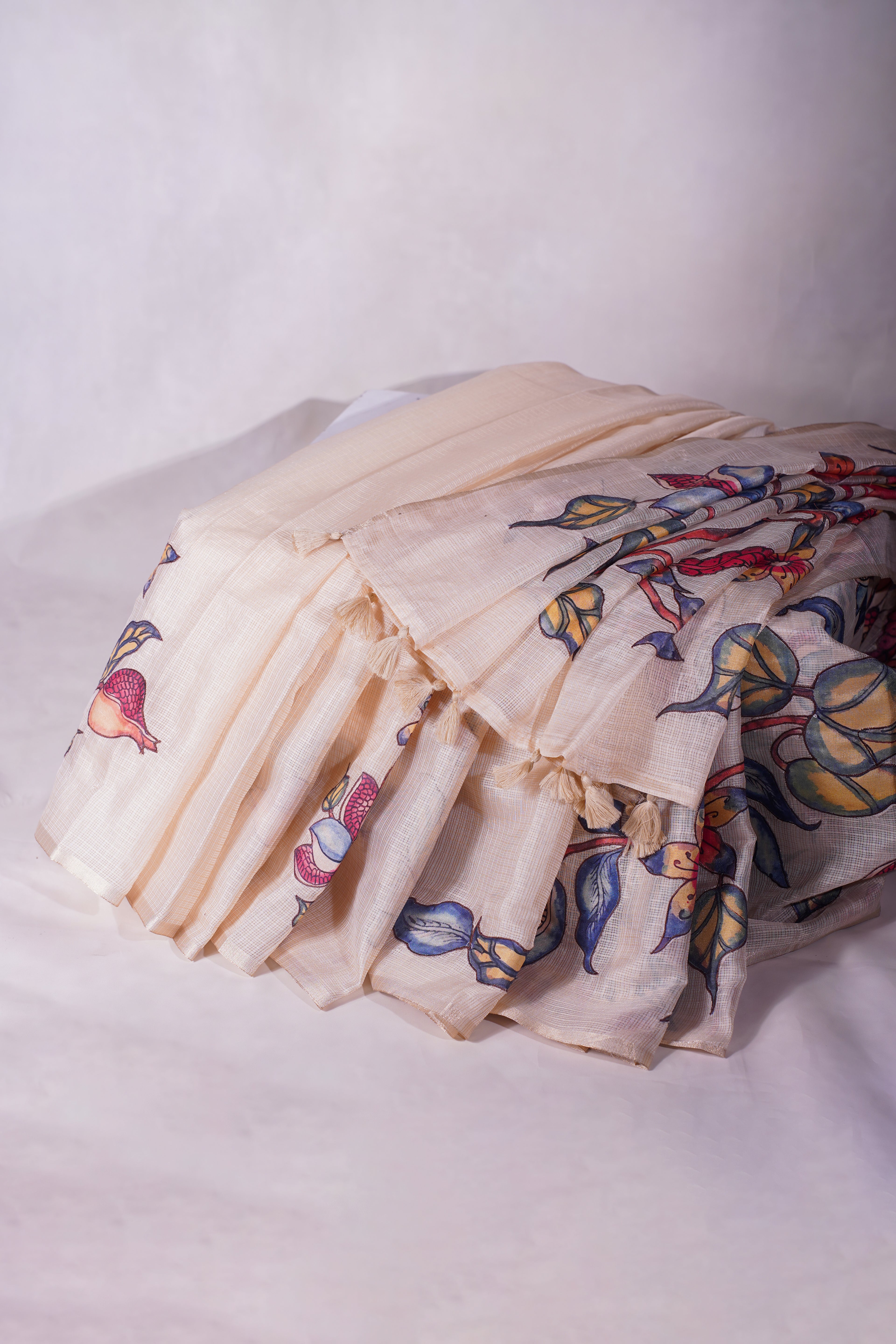 "UTSAV BANARAS 345" Banarasi Cream Munga Silk Saree With Multicolored Pomegranate &amp; Bird Applique Embroidery