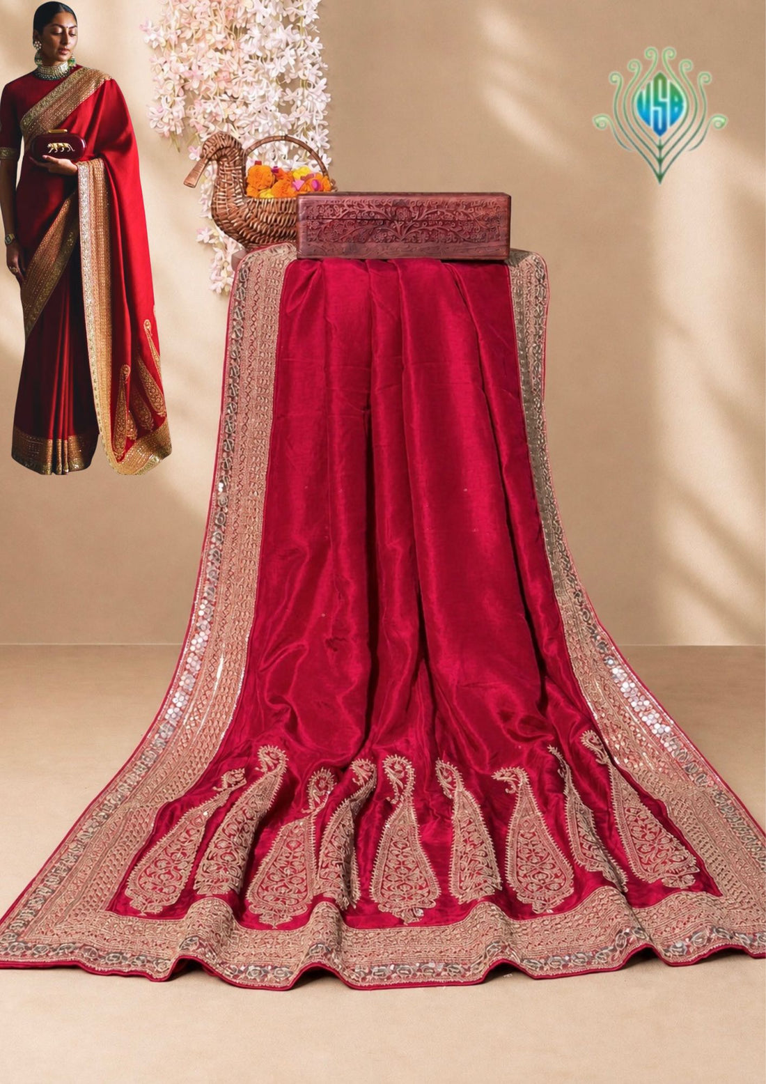 VIRASAT 393: Blood Red Raw Silk Saree with Hand Zardozi Work