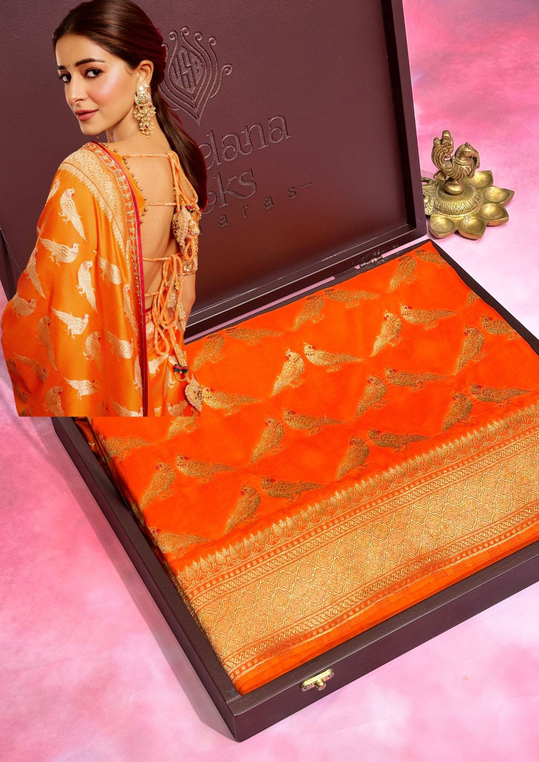 Founder Choice 060: Hot Orange Pure Katan Silk Saree with Meenakari Parrot Jaal Motifs With Silk Mark