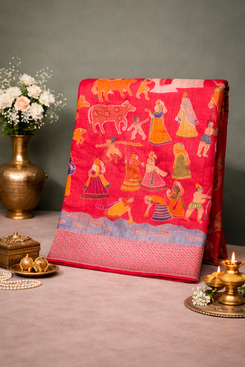 Founder Choice 054: Brick Red Pure Handloom Tussar Silk Saree Hand Painted work Saree