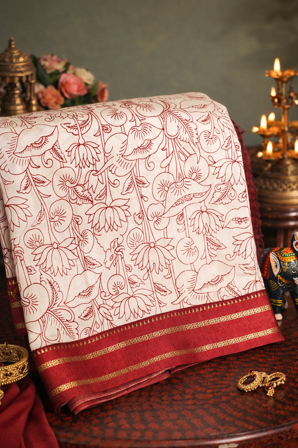 Utsav banaras 365 White Soft Silk Kalamkari Print Saree with Contrast Zari Palla &amp; Border