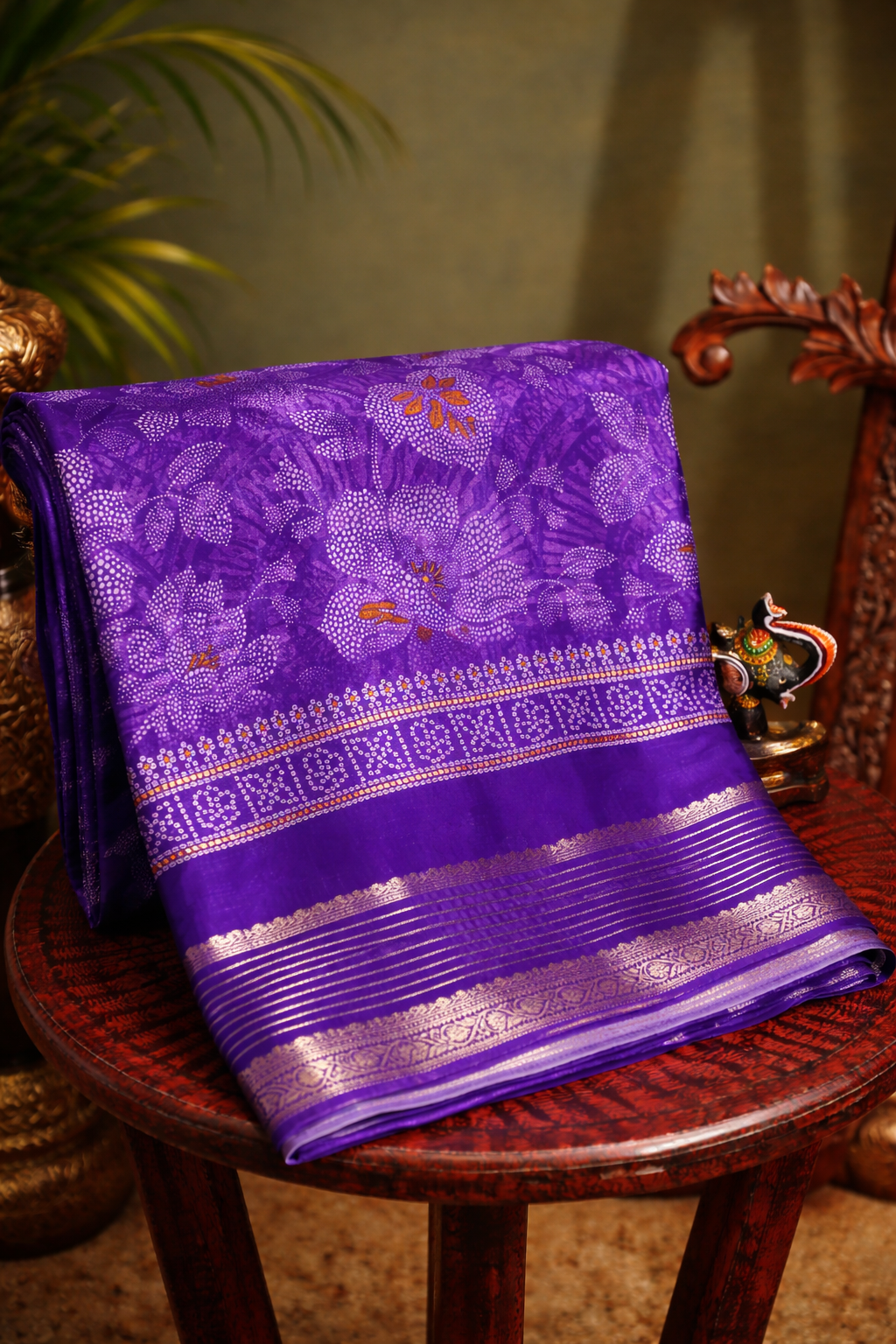 Waah Banaras 064 Violet Malai Silk Saree with Floral &amp; leaf Print &amp; Zari Border