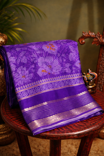 Waah Banaras 064 Violet Malai Silk Saree with Floral &amp; leaf Print &amp; Zari Border