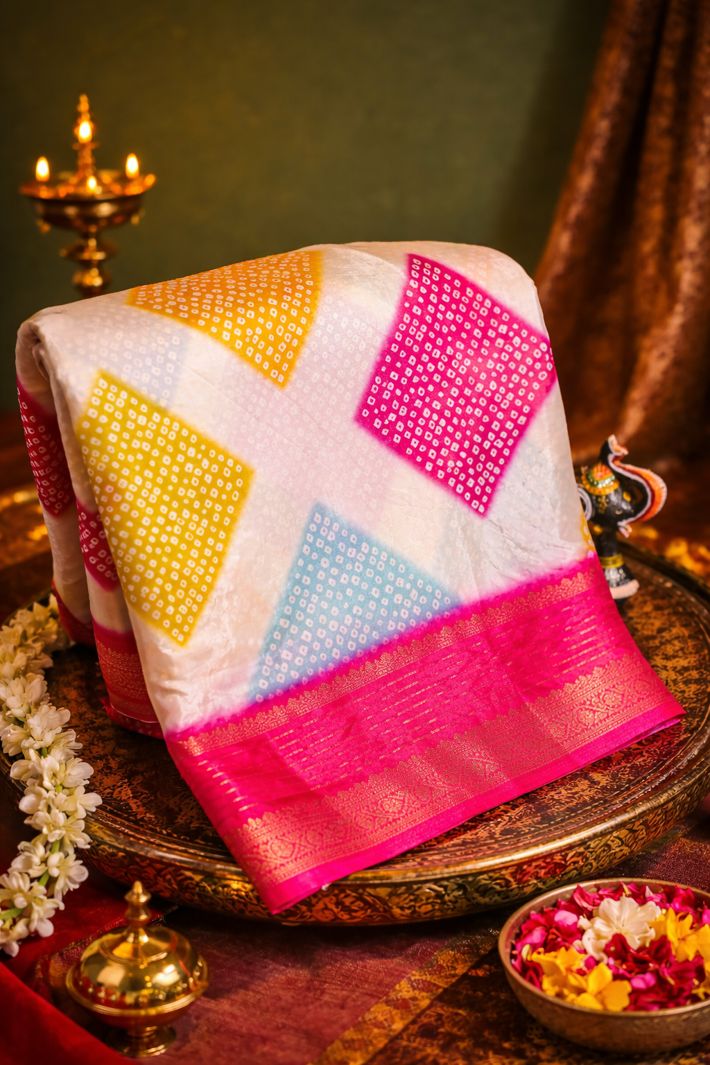 Waah Banaras 065 Creamy White &amp; Pink Malai Silk Saree with Chunari Square Print &amp; Zari Border
