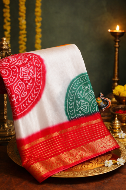 Waah Banaras 066 Creamy White &amp; Chery Red Malai Silk Saree with Chunari Big Buta Print &amp; Zari Border