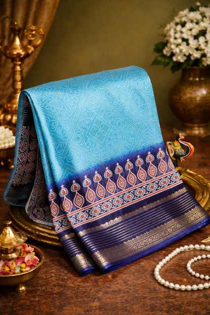 Waah Banaras 067 Sky Blue &amp; Navy blue Malai Silk Saree with Chunari Square Print &amp; Ajrakh Inspired Zari Palla