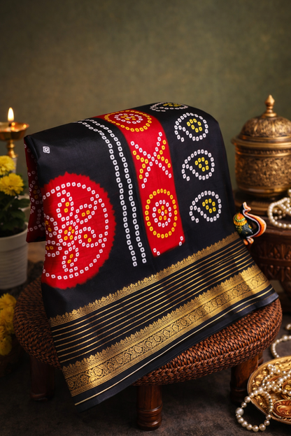 Waah Banaras 068 Black &amp; Red Malai Silk Saree with Chunari Mandala Carry Print &amp; Zari Border