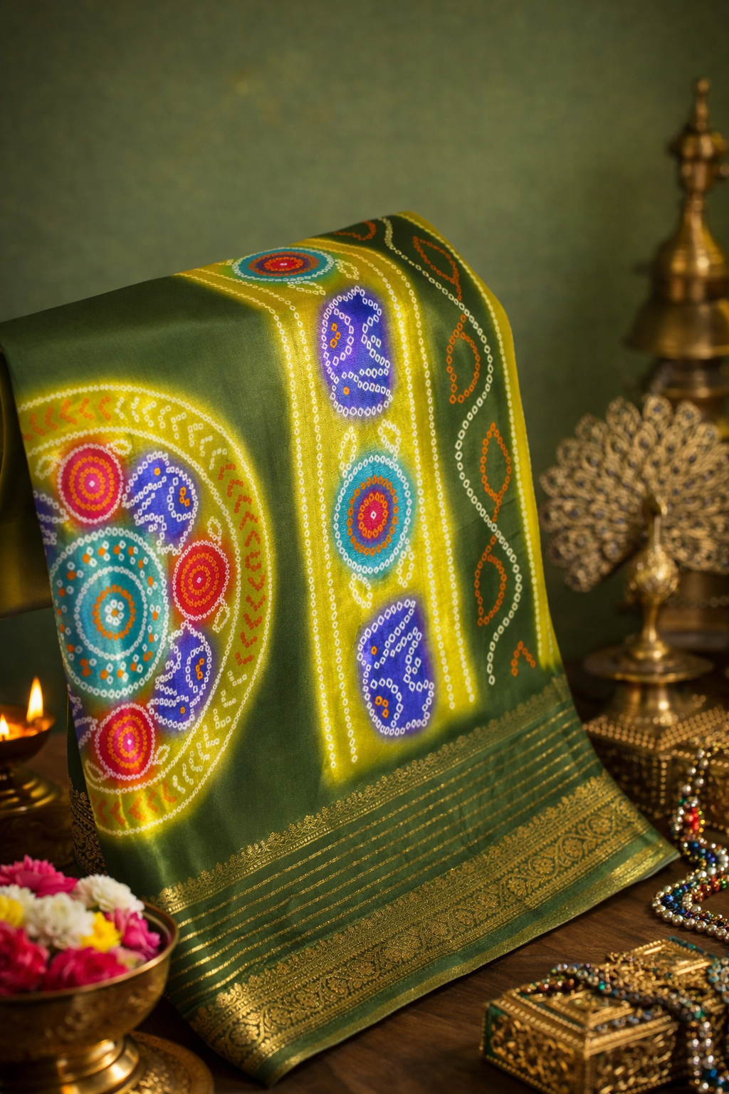 Waah Banaras 069 Olive Green Malai Silk Saree with Chunari Big Buta Print &amp; Zari Border