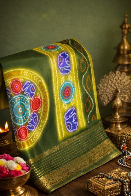 Waah Banaras 069 Olive Green Malai Silk Saree with Chunari Big Buta Print &amp; Zari Border