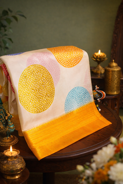 Waah Banaras 070 Creamy White &amp; Yellow Malai Silk Saree with Chunari Big Buta Print &amp; Zari Border