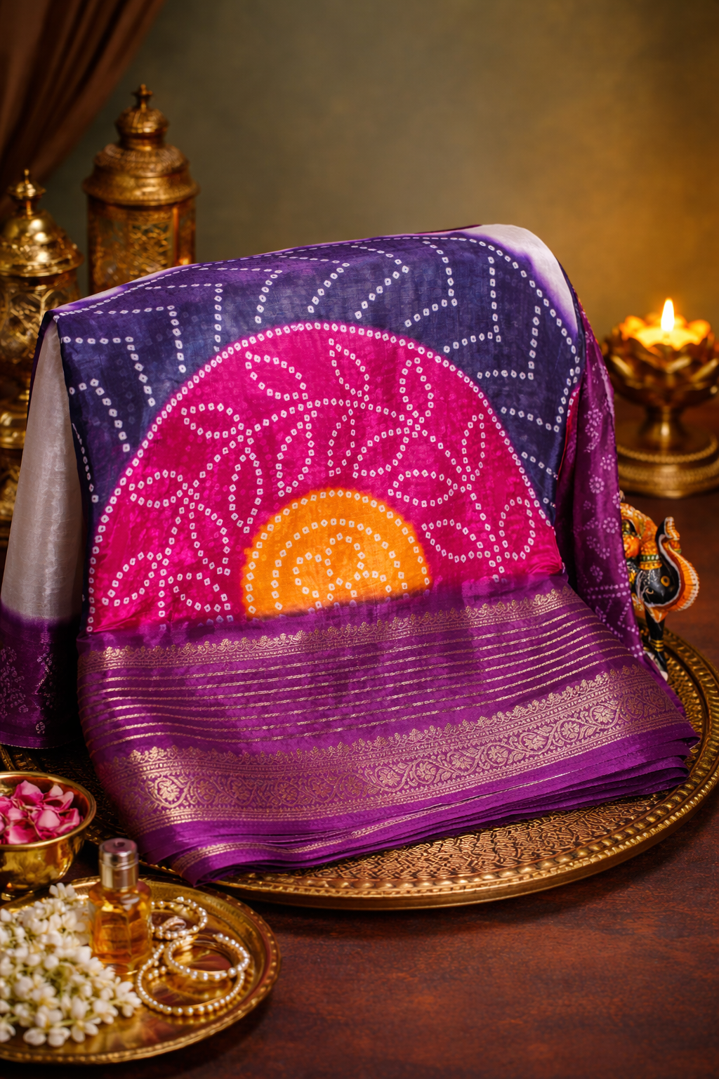 Waah Banaras 071 Creamy White &amp; Purple Malai Silk Saree with Chunari Mandala Print &amp; Zari Border