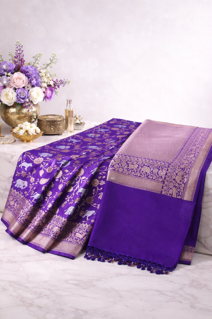 "WAAH BANARAS 113" Banarasi Royal Purple Silk Shikargah Saree with Sona Rupa Weaving