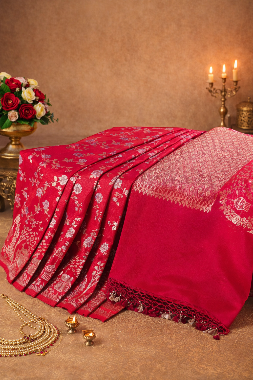 "WAAH BANARAS 116" Banarasi Rani Pink Silk Saree With Sona Rupa Jaal &amp; Peacock Border