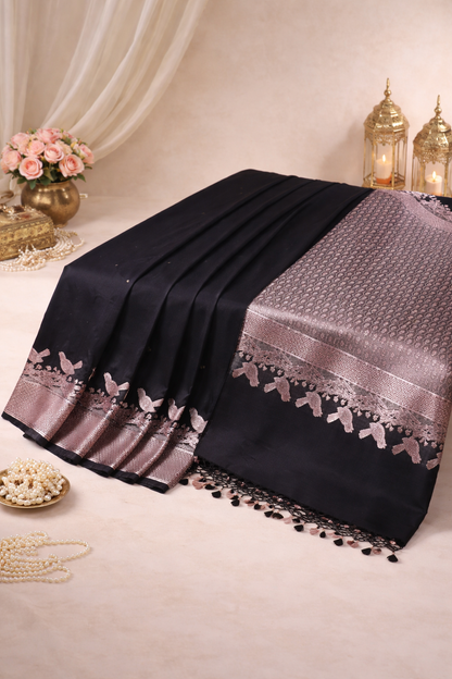 "WAAH BANARAS 117" Banarasi Black Mango Raw Vegan Silk Saree