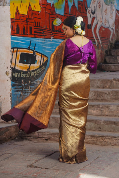 Handwoven Golden Banarasi Katan Silk Saree