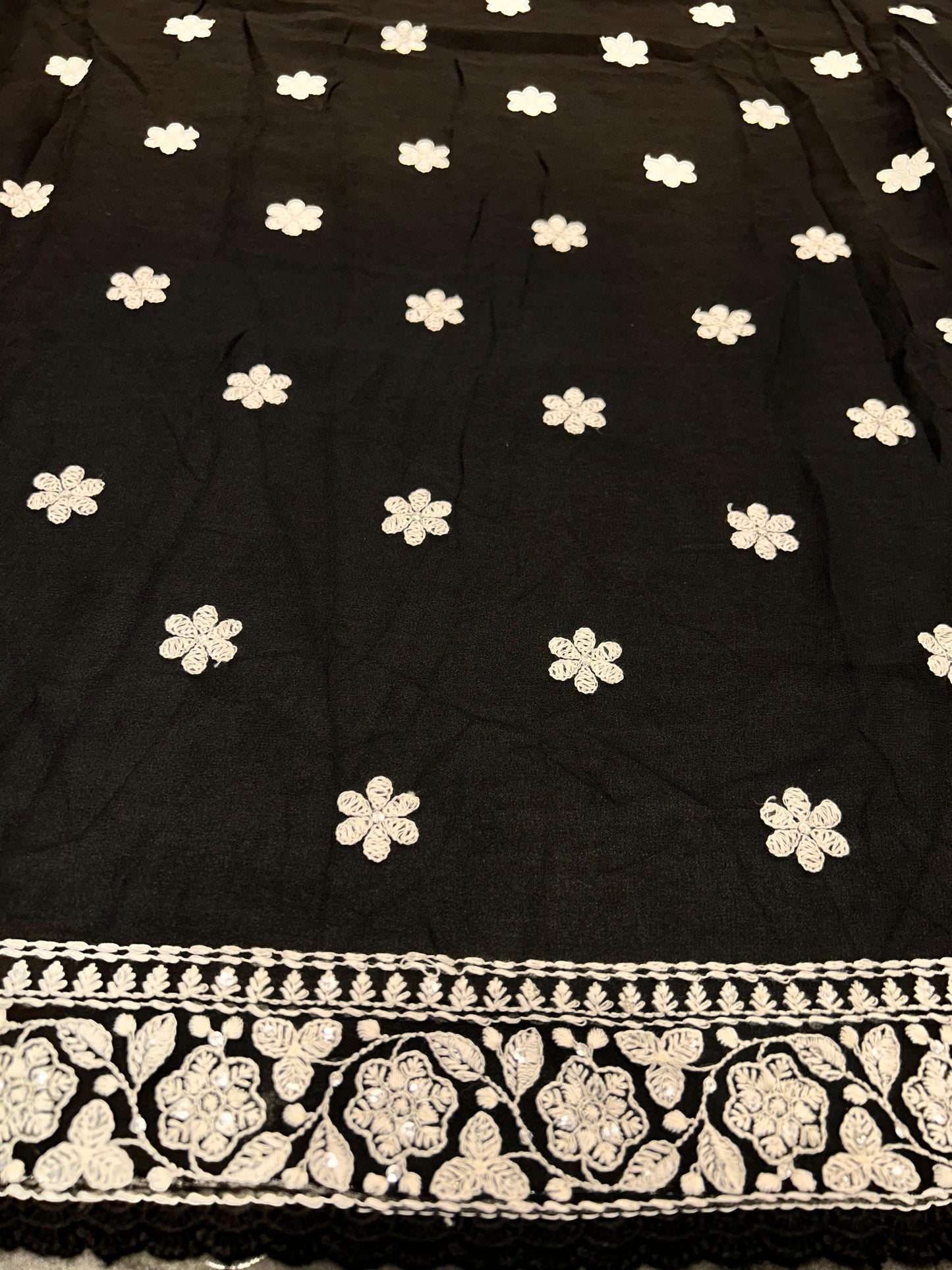 Black Georgette Saree with Soft Feel, Fine Chicken Work, and Timeless Design