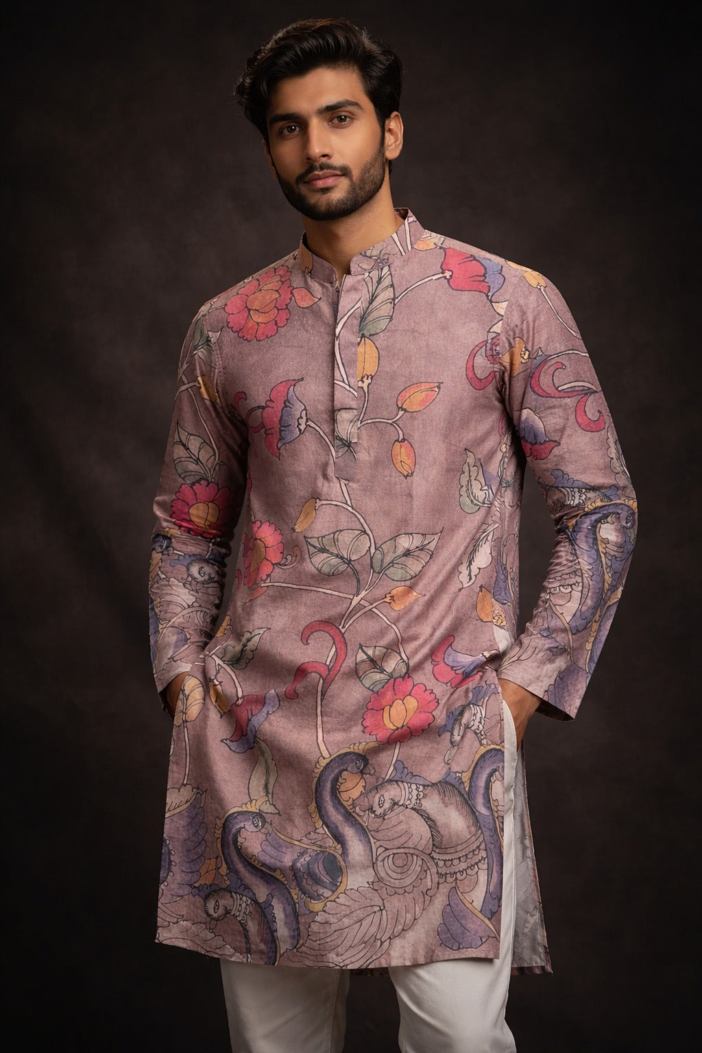 MJ-010: Dusty Mauve Pure Linen Cotton Kalamkari Kurta with Artistic Floral &amp; Swan Design