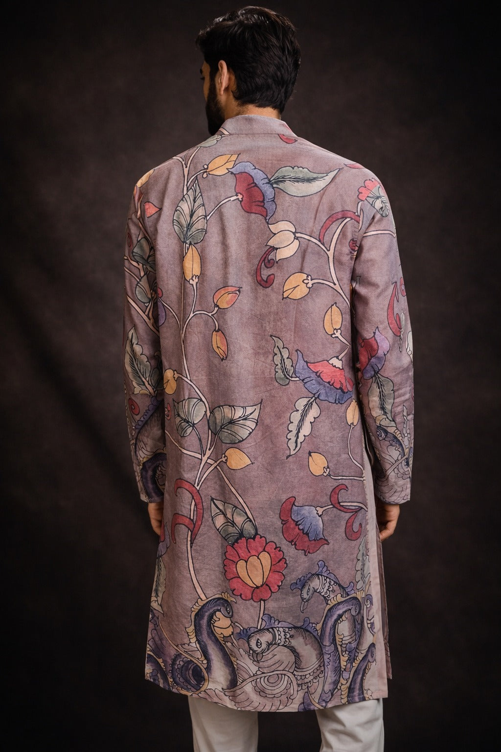 MJ-010: Dusty Mauve Pure Linen Cotton Kalamkari Kurta with Artistic Floral &amp; Swan Design