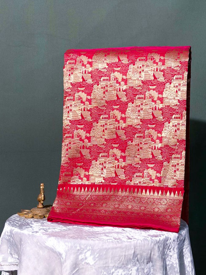 Waah Banaras 145: Royal Kashi Ghat Gold Zari Brocade Katan Silk Saree in Pinkish Red