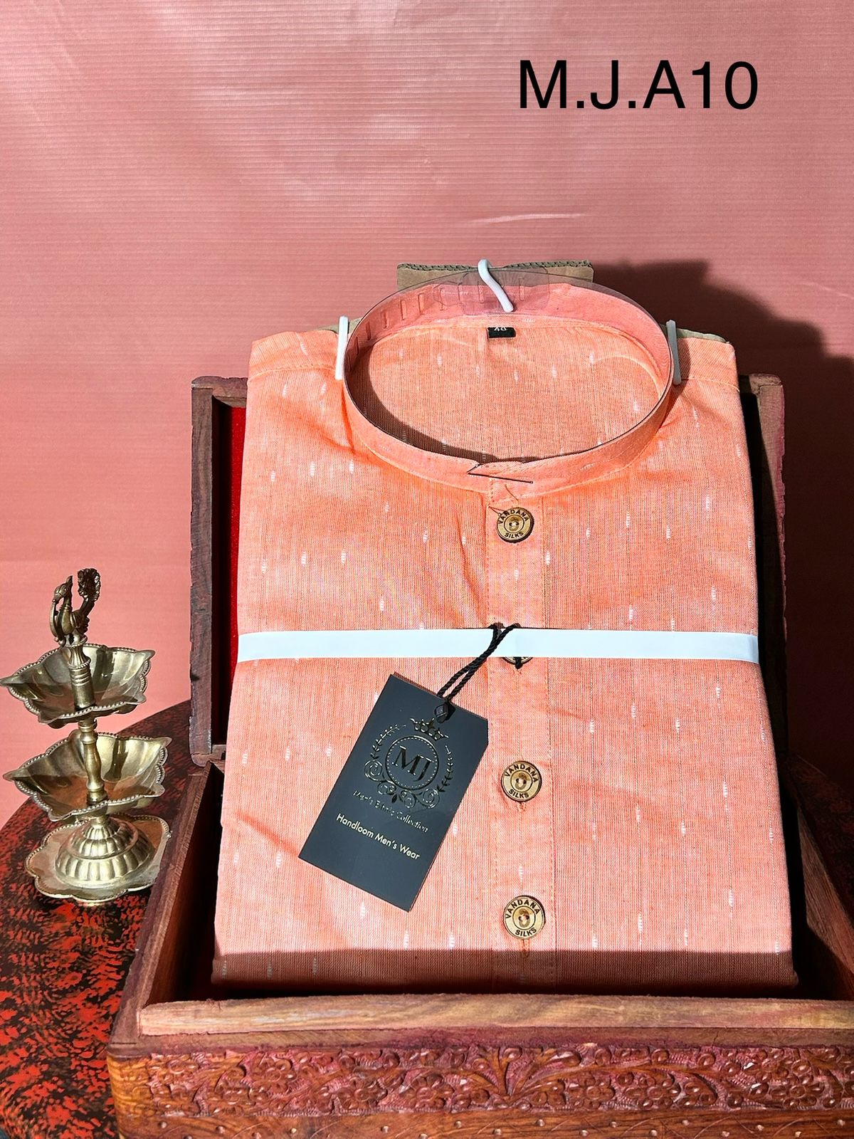 M.J.A 10 Pastel Orange Handloom Cotton Men’s Kurta with Wooden Buttons