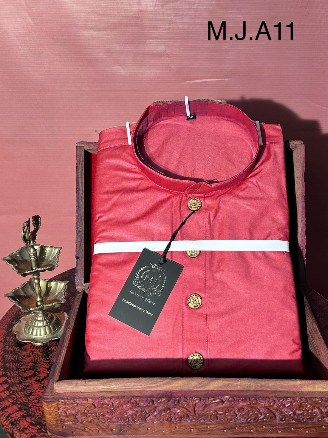 M.J.A 11 Gajari Pink Handloom Cotton Men’s Kurta with Wooden Buttons