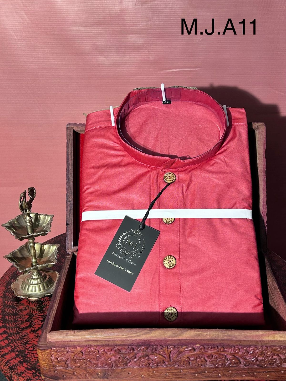 M.J.A 11 Gajari Pink Handloom Cotton Men’s Kurta with Wooden Buttons