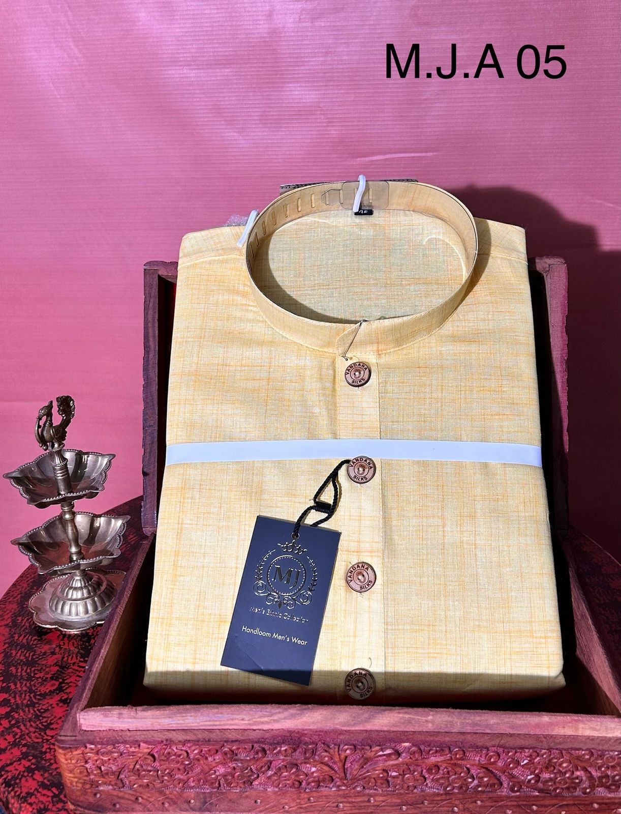 M.J.A 05 Pastel Yellow Handloom Cotton Men’s Kurta with Wooden Buttons