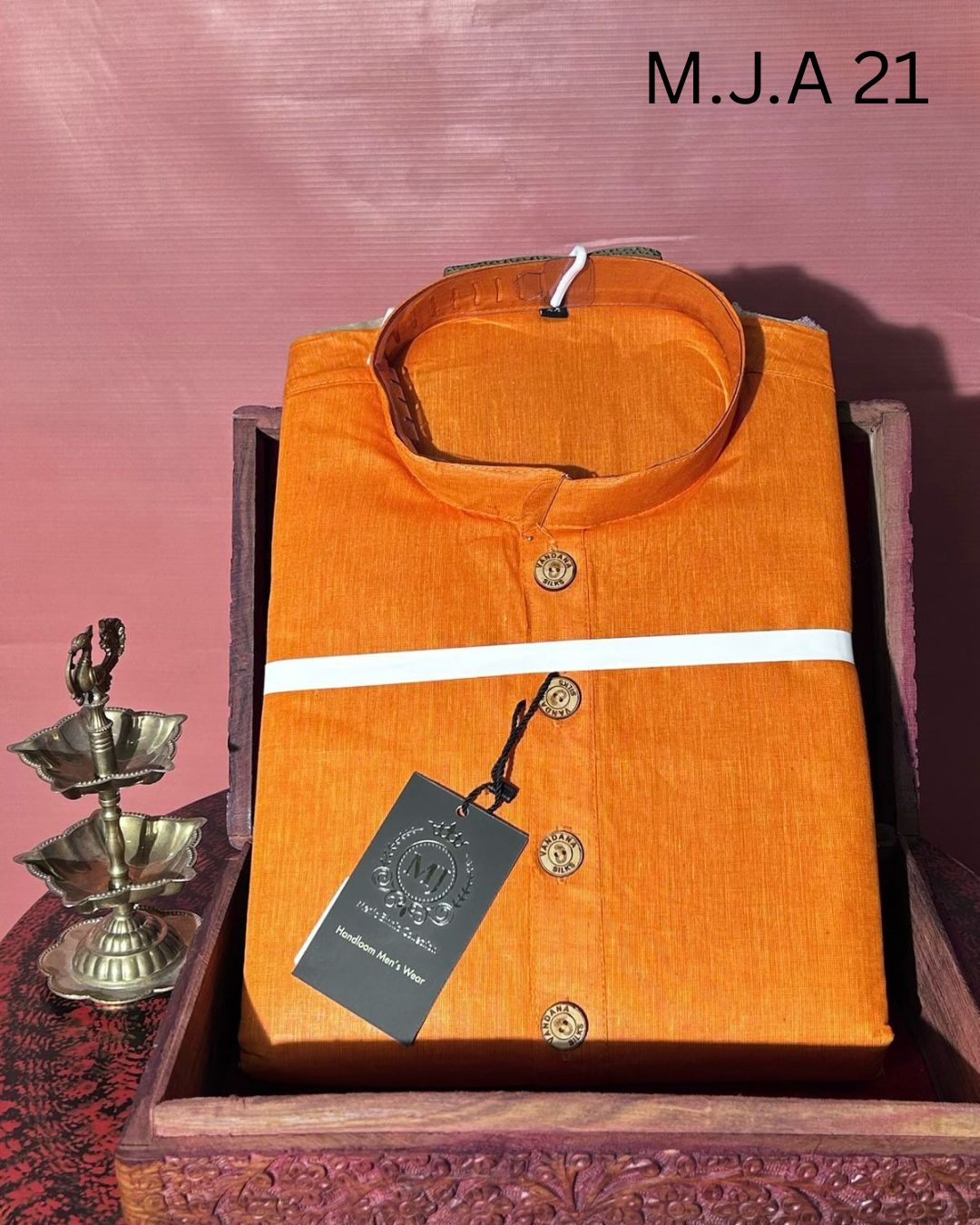 M.J.A 21 Rust Orange Handloom Cotton Men’s Kurta with Wooden Buttons