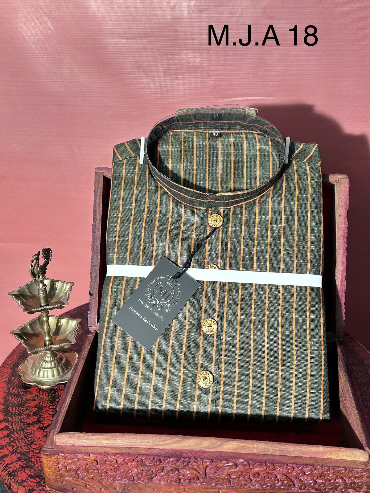 M.J.A 18 Dark Olive Green Handloom Cotton Men’s Kurta with Wooden Buttons