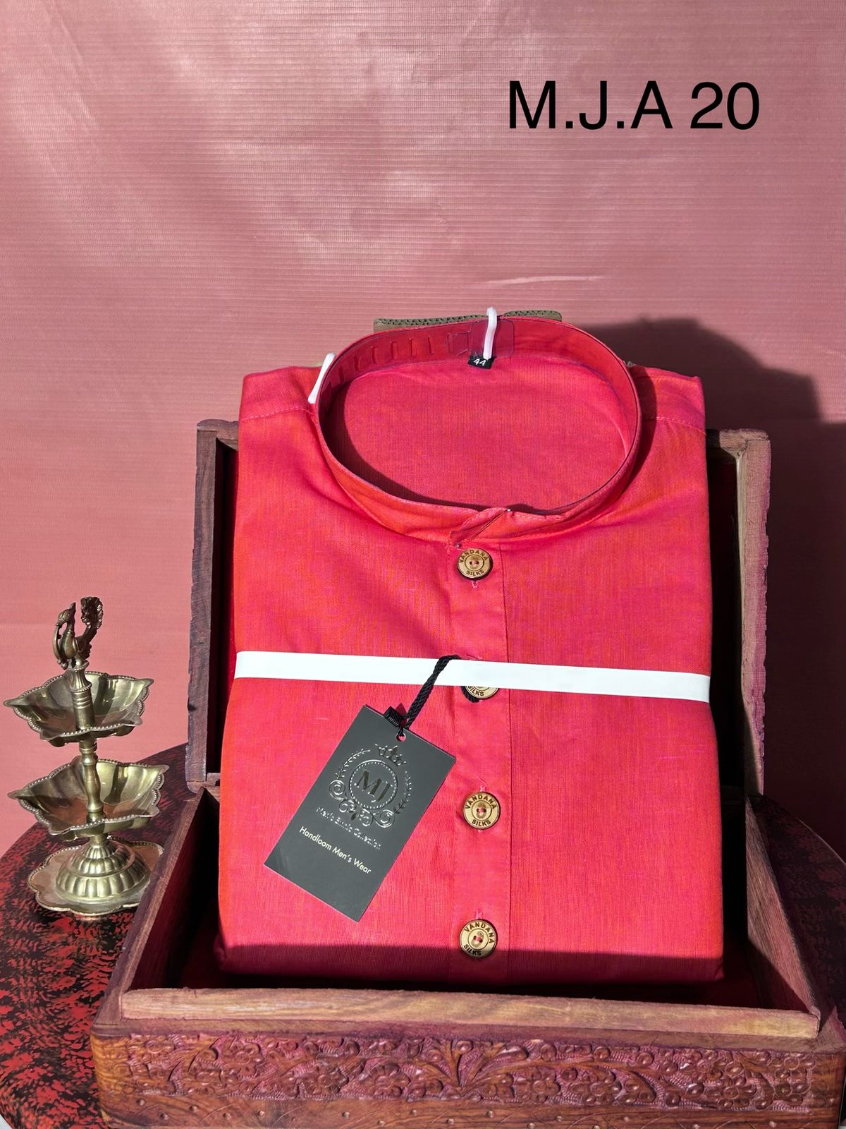 M.J.A 20 Peach Orange Handloom Cotton Men’s Kurta with Wooden Buttons