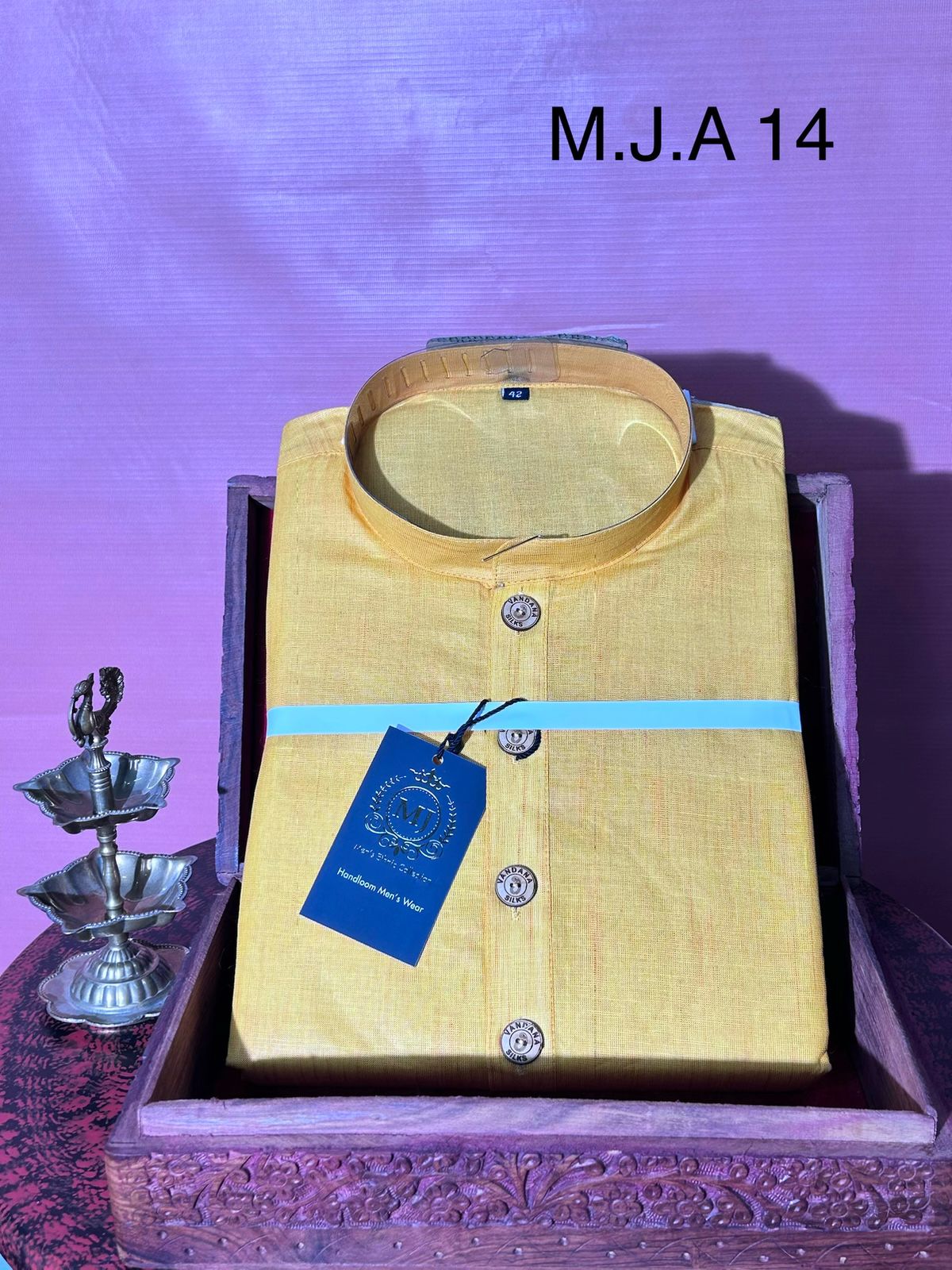 M.J.A 14 Haldi Yellow Handloom Cotton Men’s Kurta with Wooden Buttons