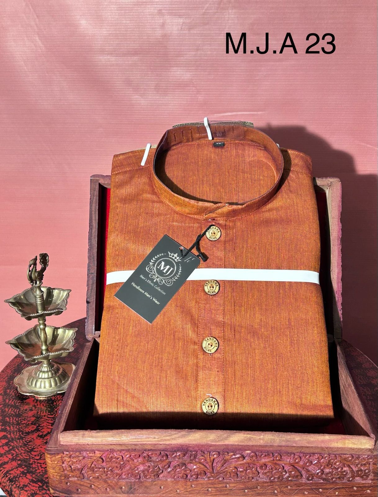 M.J.A 23 Rust Handloom Cotton Men’s Kurta with Wooden Buttons