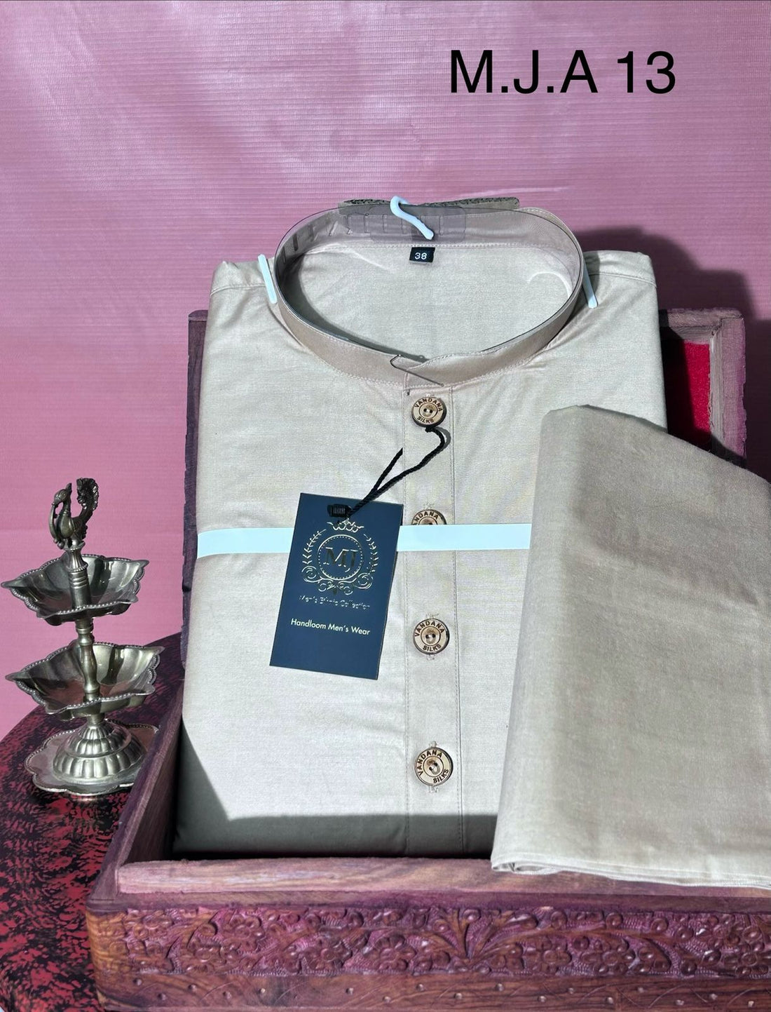 M.J.A 13 Beige Handloom Cotton Men’s Kurta Pajama Set with Wooden Buttons