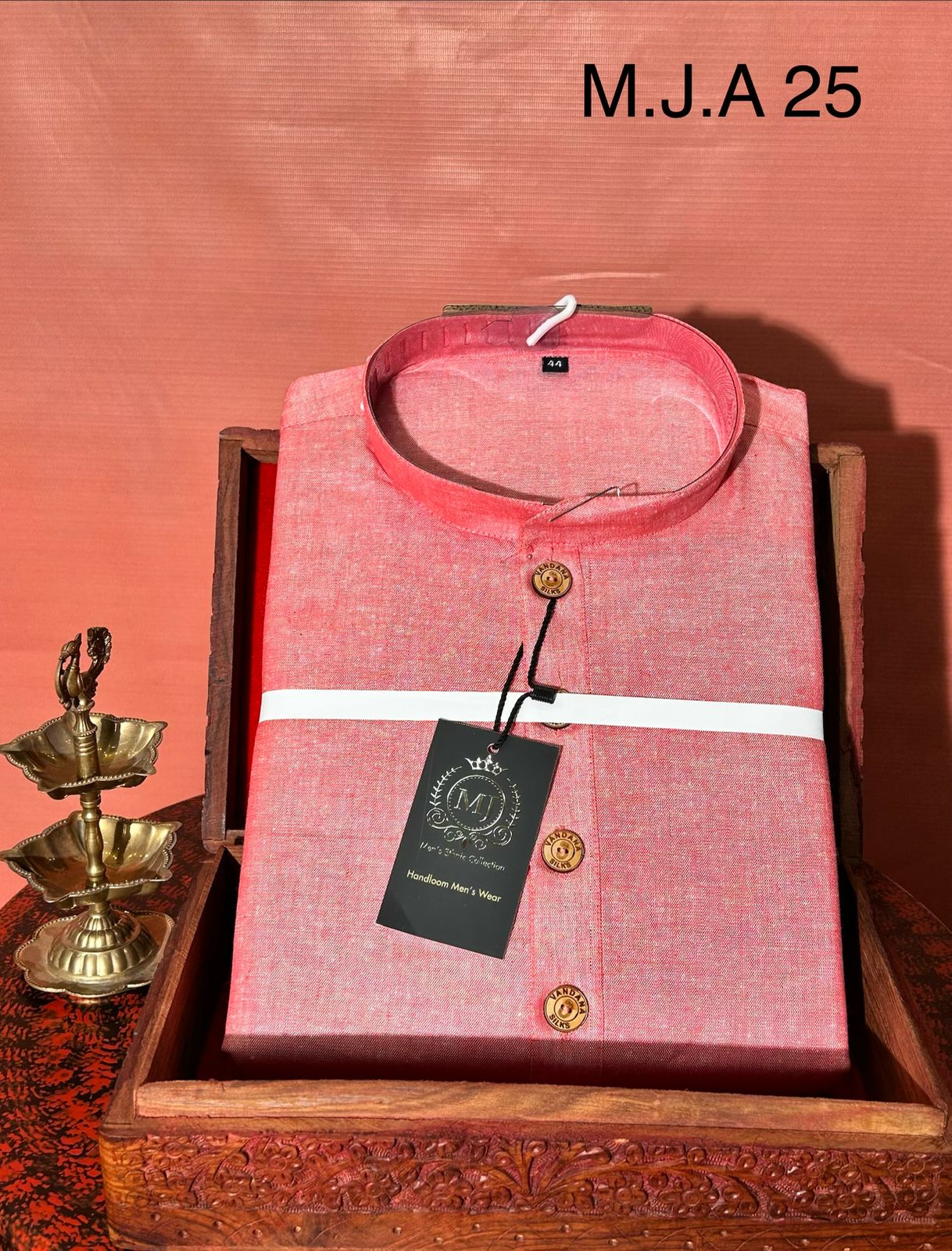 M.J.A 25 Peach Handloom Cotton Men’s Kurta with Wooden Buttons